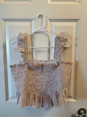 American Eagle Outfitters Beige and White Striped Ruffle Smocked Tank Top